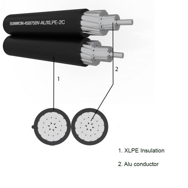 2 core twisted aluminum cable SUNWON-0.6/1kV-AL/XLPE-2C structure