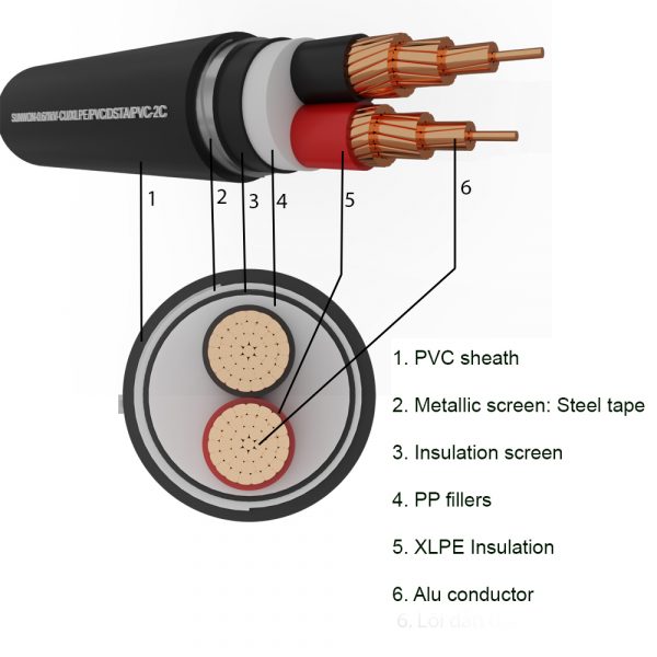 2-cores underground copper cable SUNWON-0.6/1kV-CU/XLPE/PVC/DSTA/PVC-2C structure